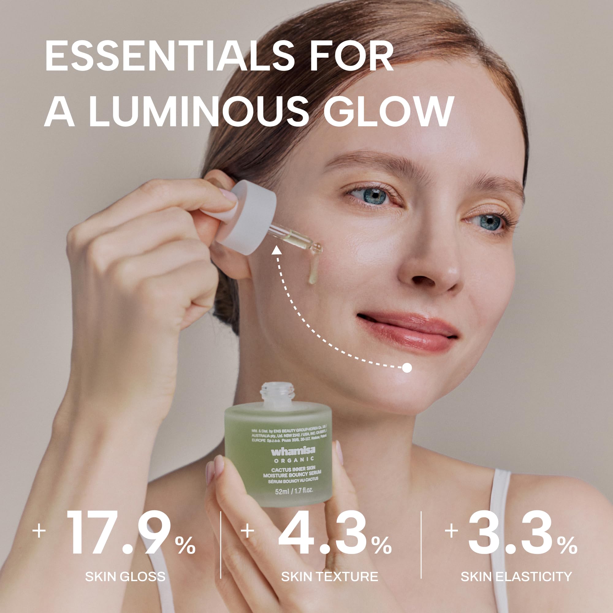 COSMOS Organic certification badge on Whamisa Cactus Bouncy Serum packaging