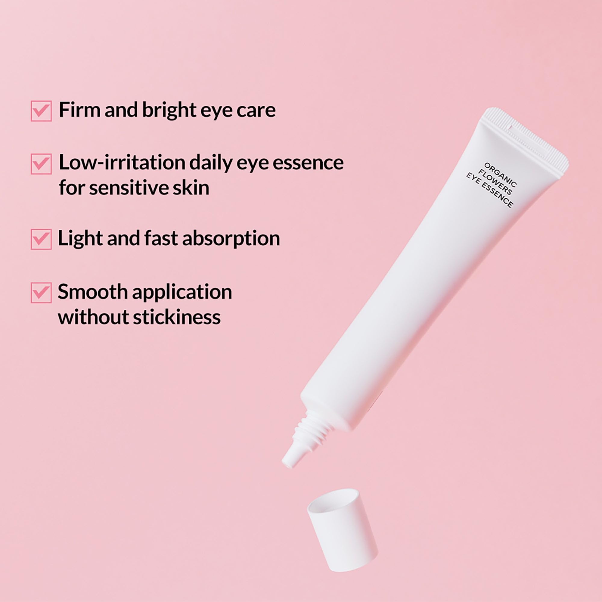 Whamisa Organic Flowers Eye Essence close-up shows silky texture for a smoother eye area