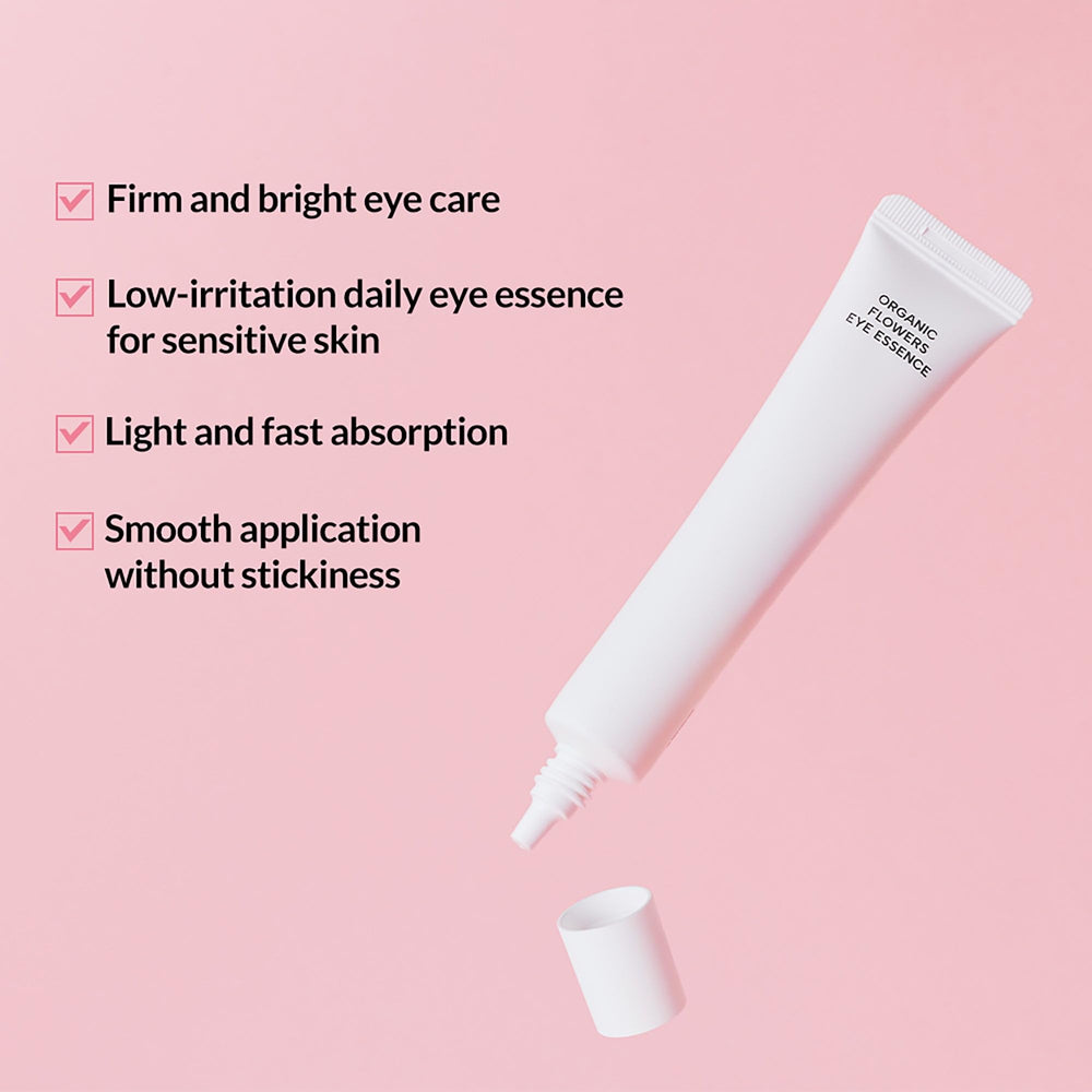 Whamisa Organic Flowers Eye Essence close-up shows silky texture for a smoother eye area