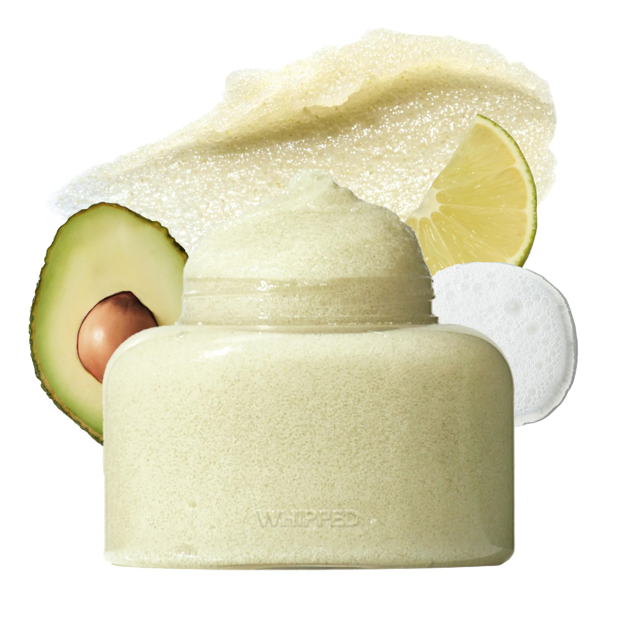 Whipped Semo Scrub jar closeup with creamy exfoliating texture.