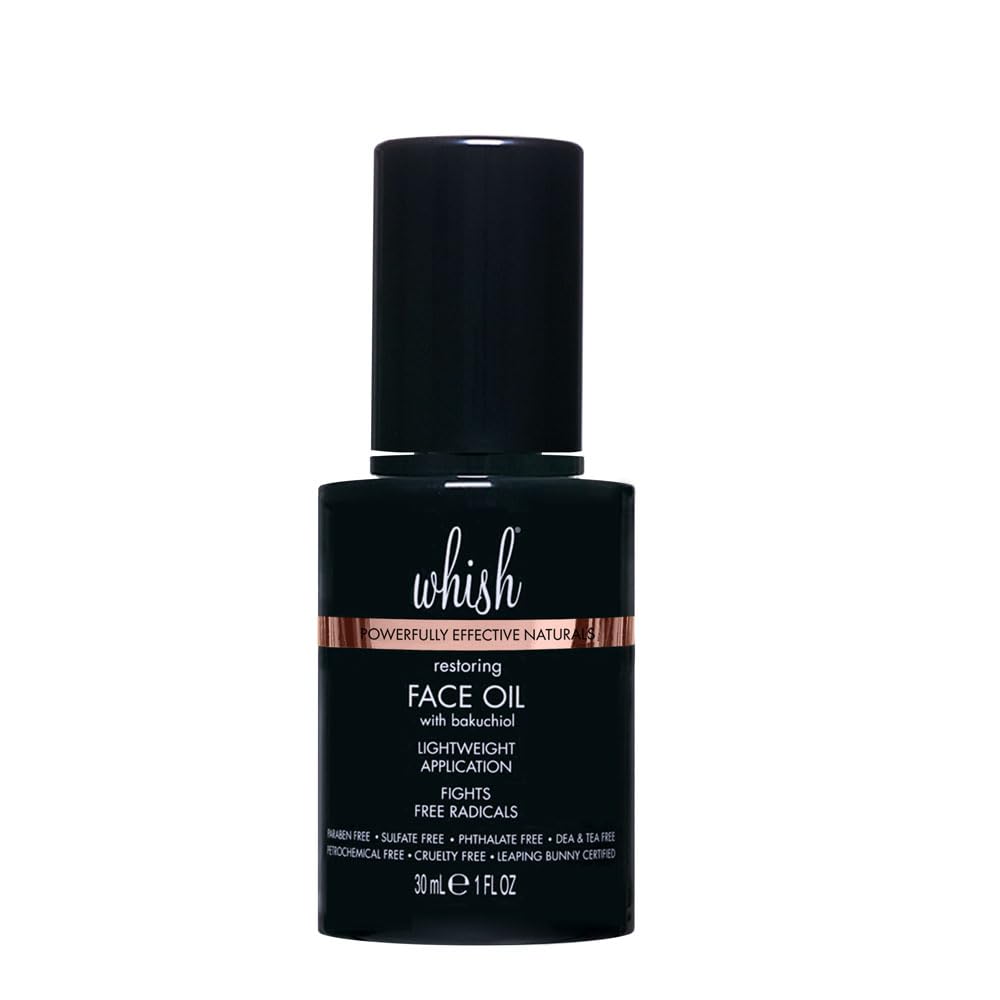 Whish Face Oil with Bakuchiol bottle pour demonstrates quick absorption for daily hydration.