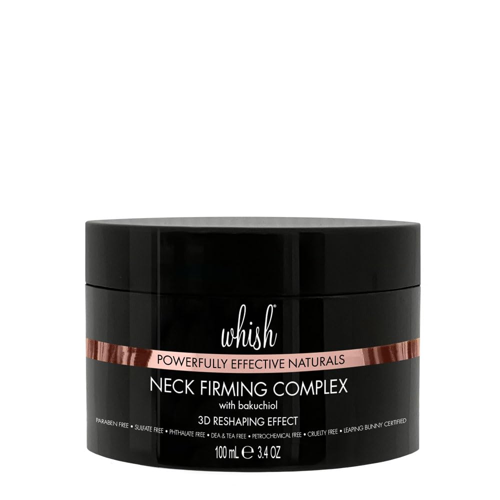 Whish Neck Firming Cream bottle pour highlights vegan formula for daily neck care.