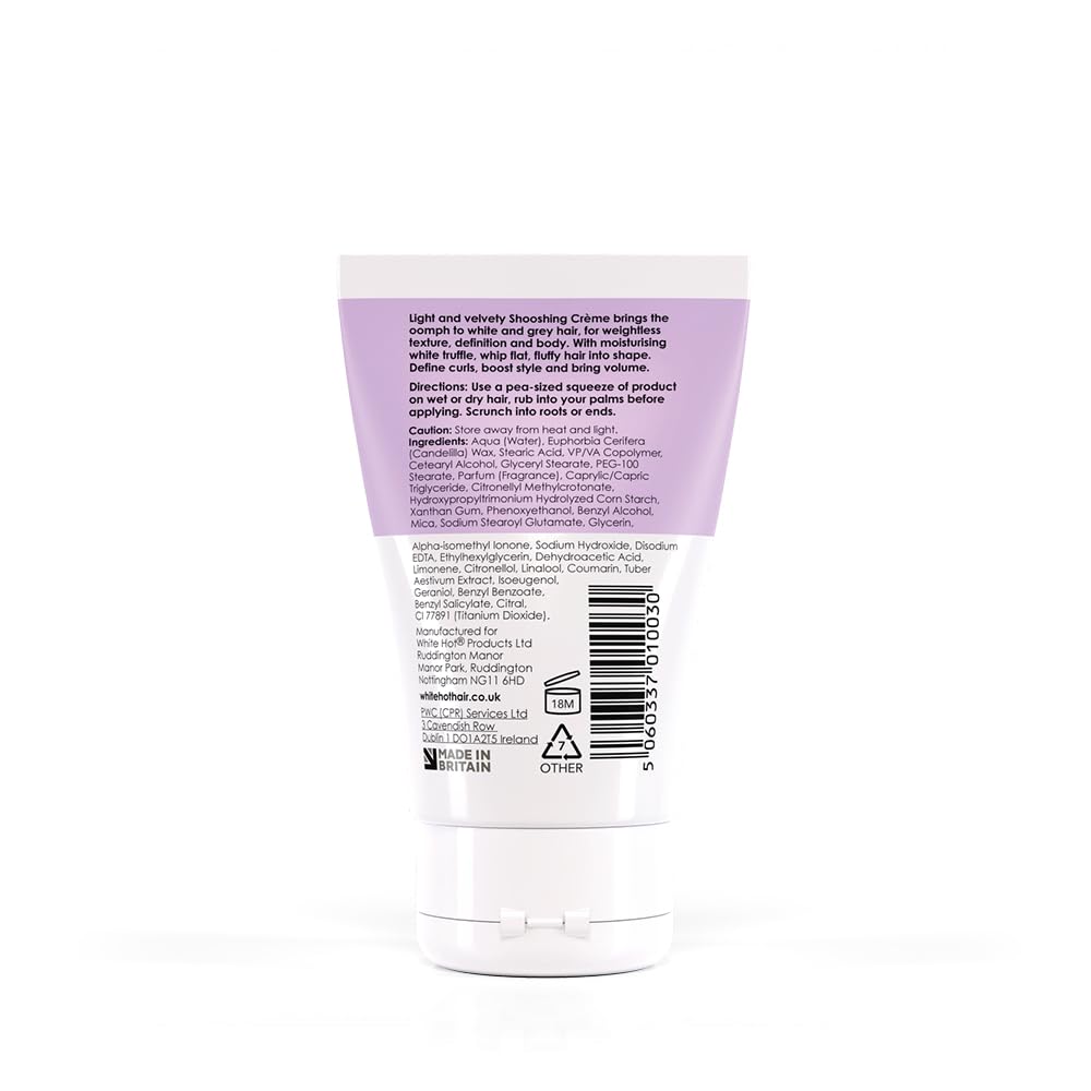 White Hot Shooshing Crème provides sleek styles with a subtle tack and hydrating white truffle.