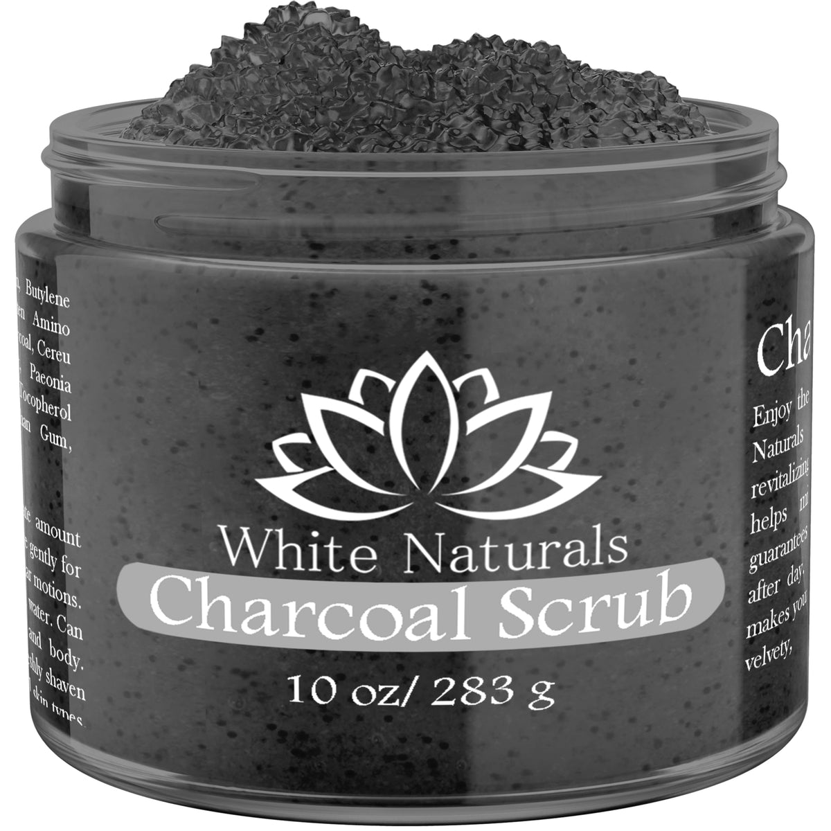 White Naturals activated charcoal face scrub jar front showcases premium packaging and clean design