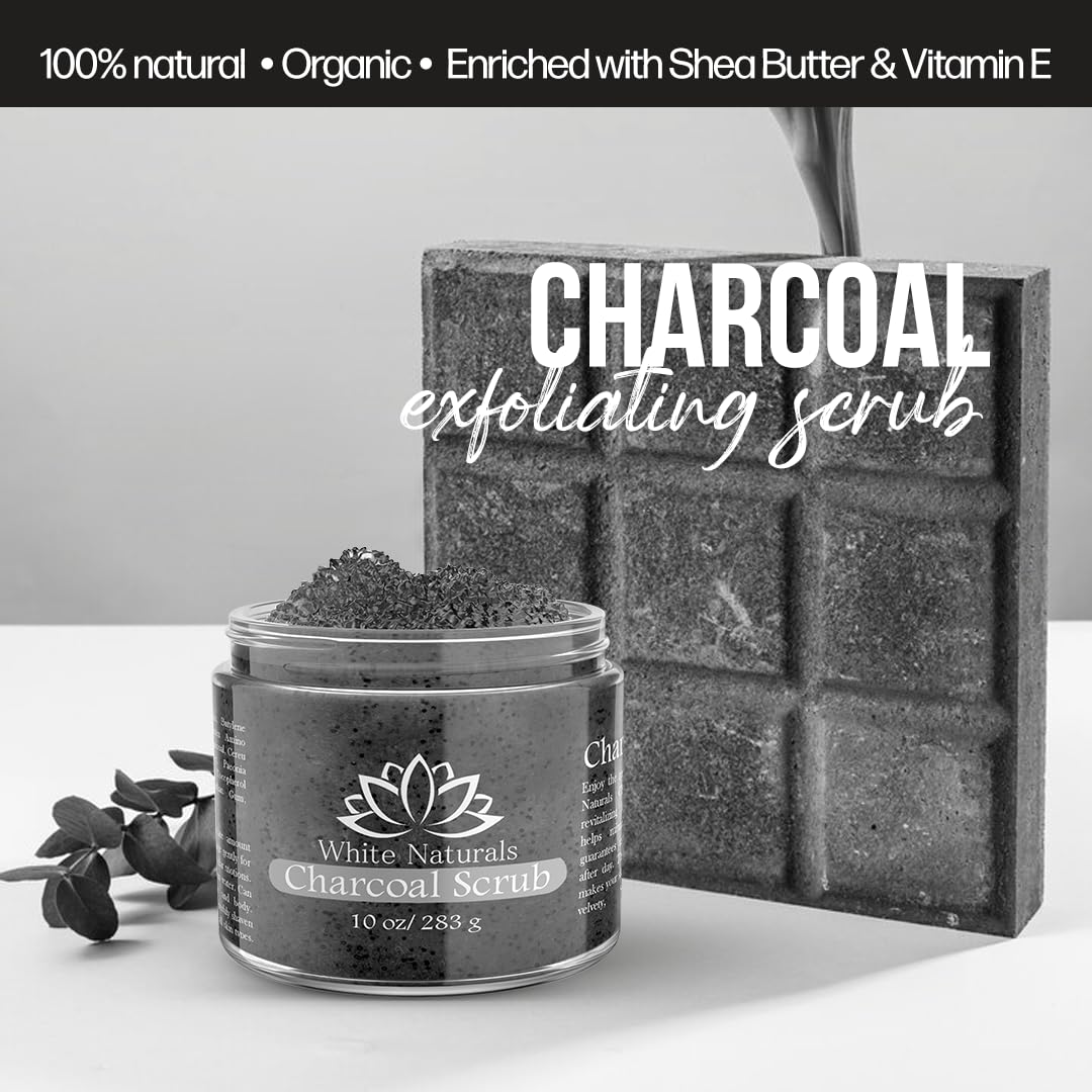 White Naturals charcoal scrub packaging label communicates natural ingredients and quality