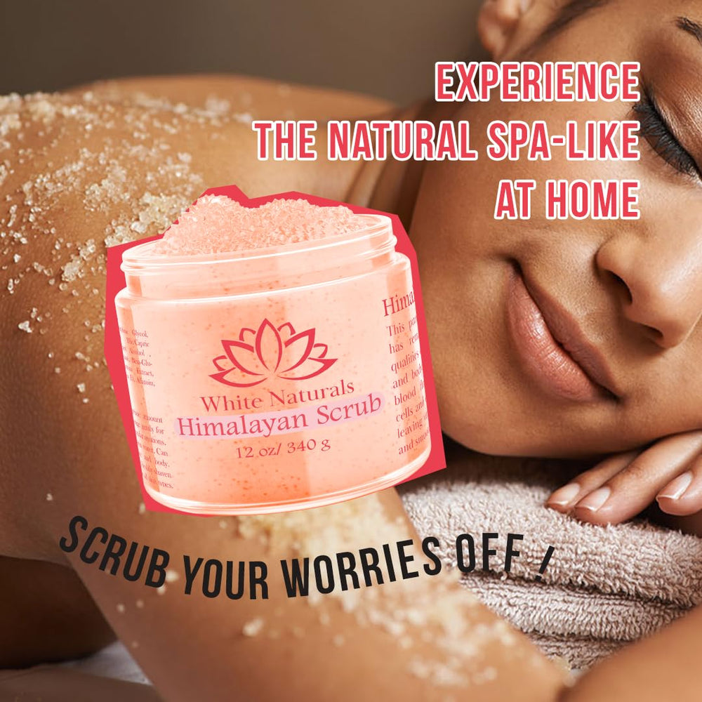 Himalayan Salt Body Scrub texture with pink exfoliant crystals for gentle exfoliation.
