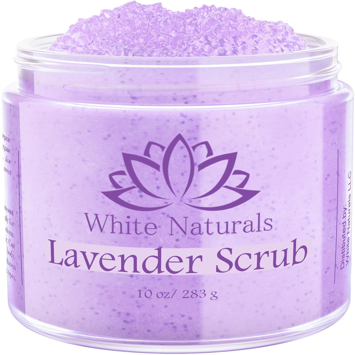 White Naturals Lavender Body Scrub jar shows premium exfoliation for smooth skin.