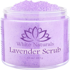 White Naturals Lavender Body Scrub jar shows premium exfoliation for smooth skin.