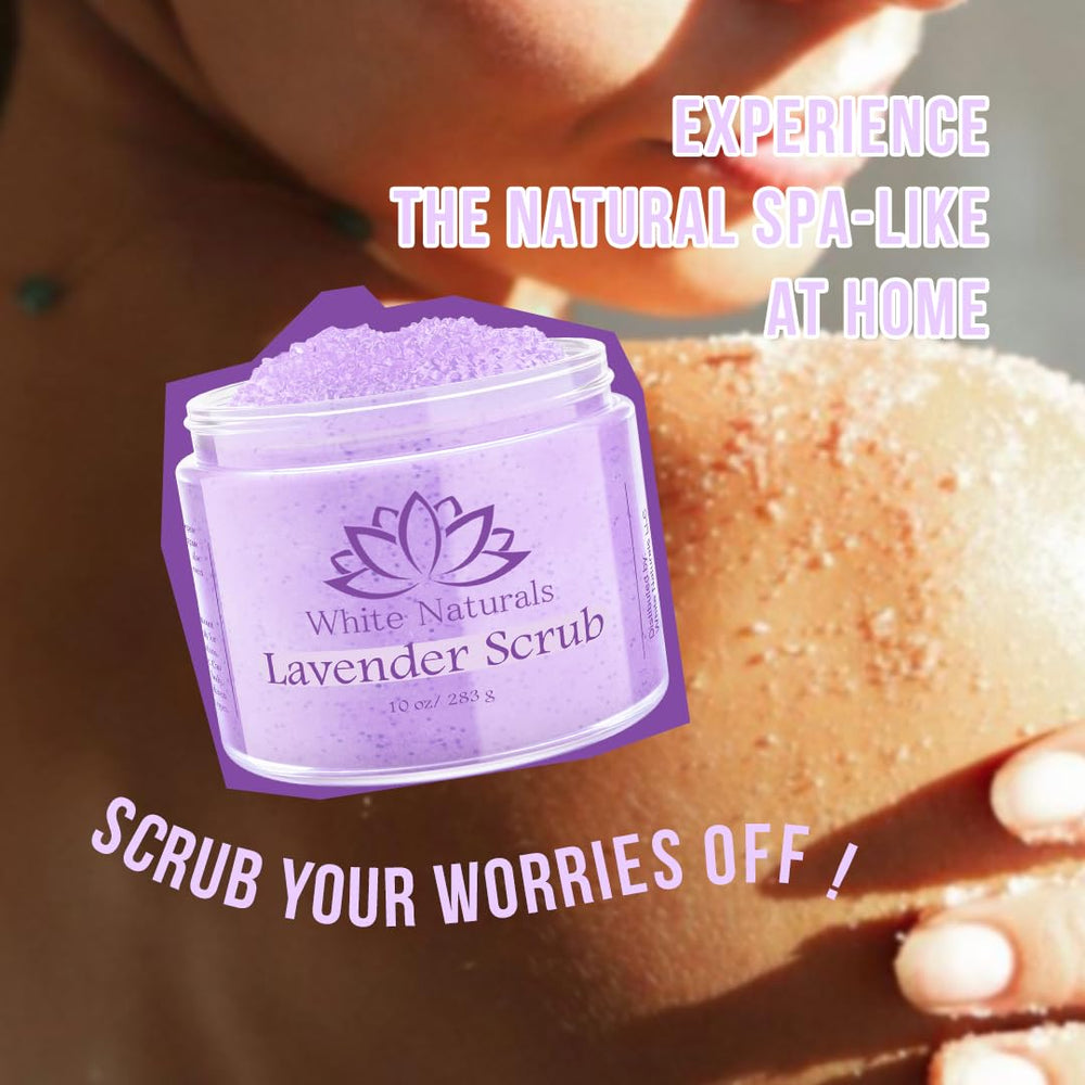 White Naturals Lavender Body Scrub texture close-up highlights exfoliating grains.