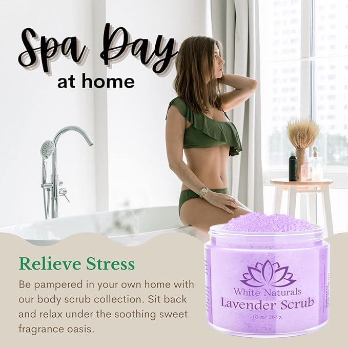 White Naturals Lavender Scrub with lavender buds indicates natural ingredients and scent.