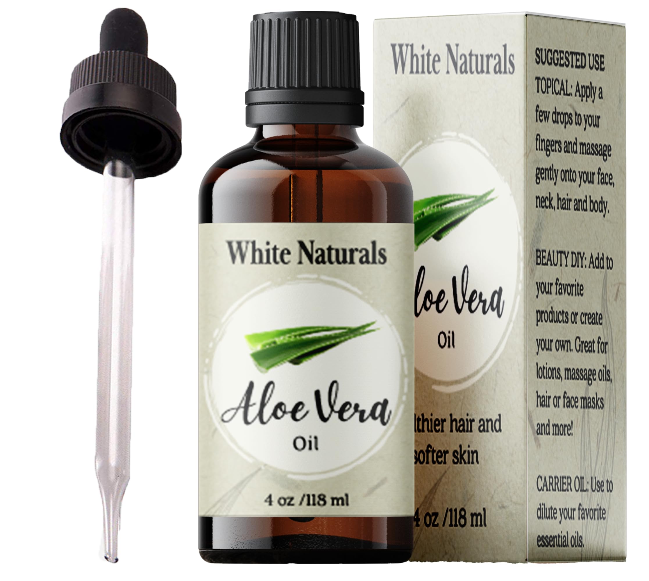 White Naturals Organic Aloe Vera Oil bottle demonstrates premium carrier oil for skin and hair hydration.