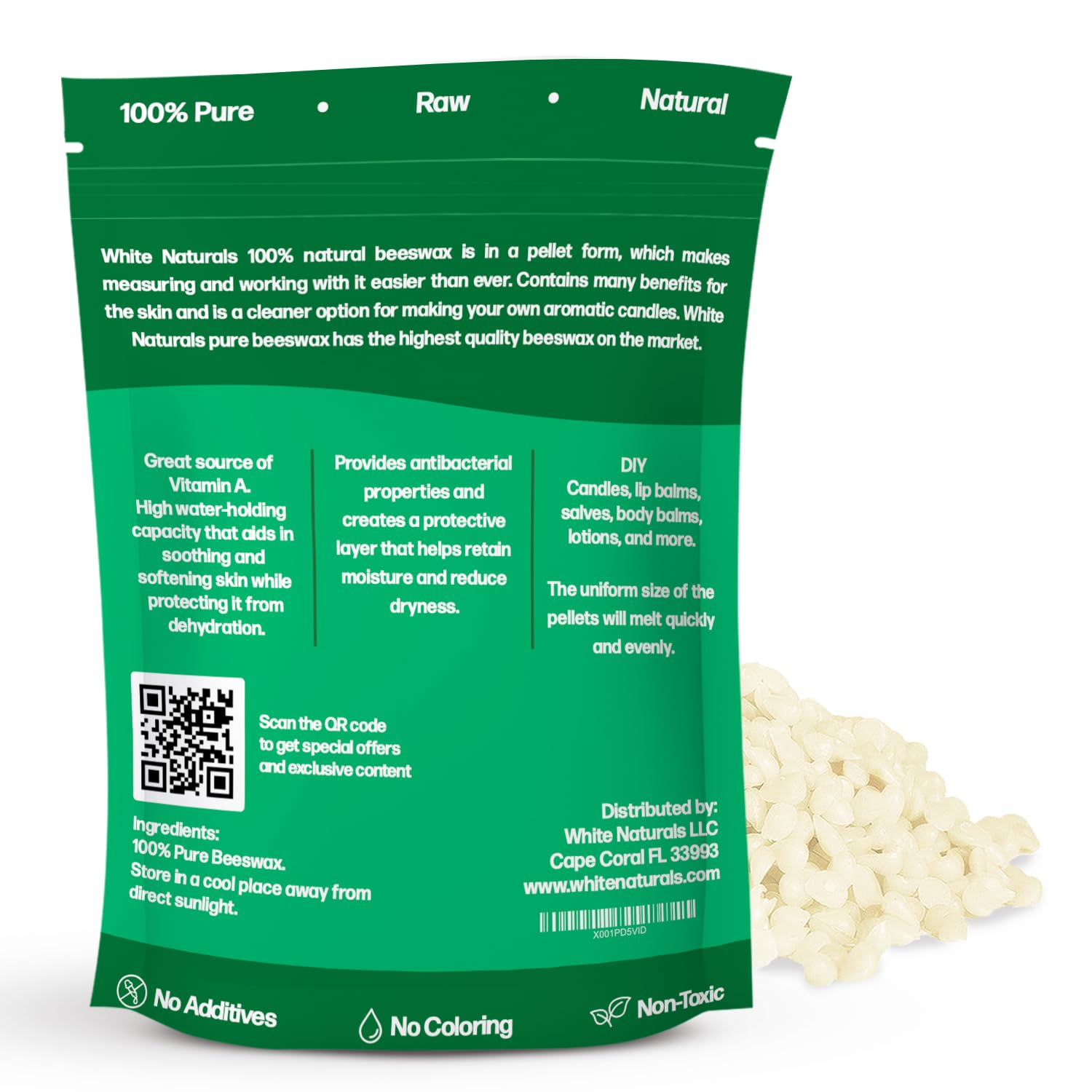 White Naturals pure beeswax pellets close-up, cosmetic-grade for reliable DIY results.