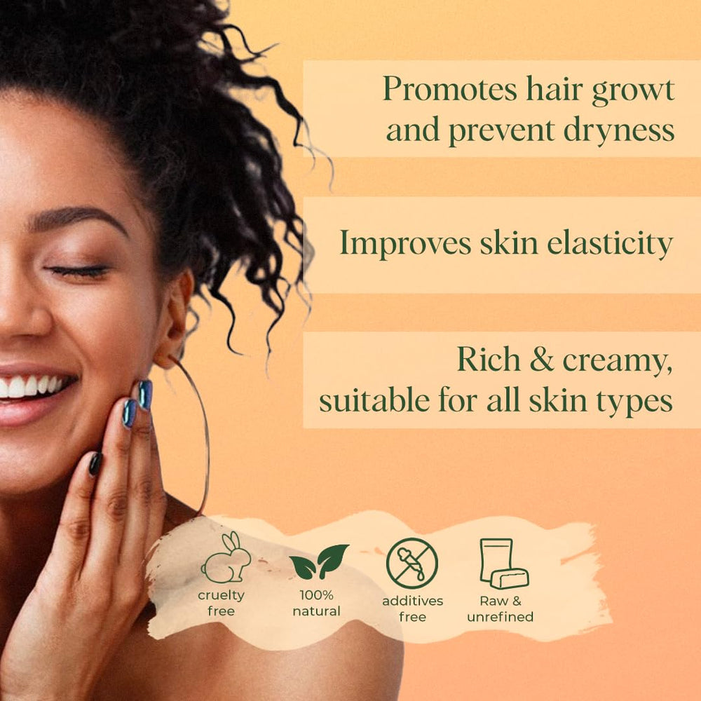 White Naturals mango butter being applied to skin for moisture.