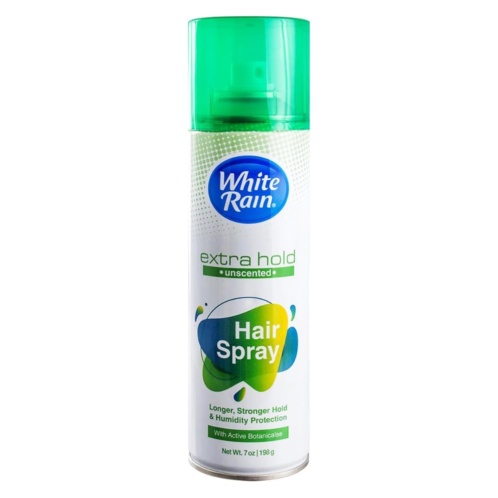 White Rain Hairspray Extra Hold unscented bottle closeup with fragrance-free, long-lasting hold.