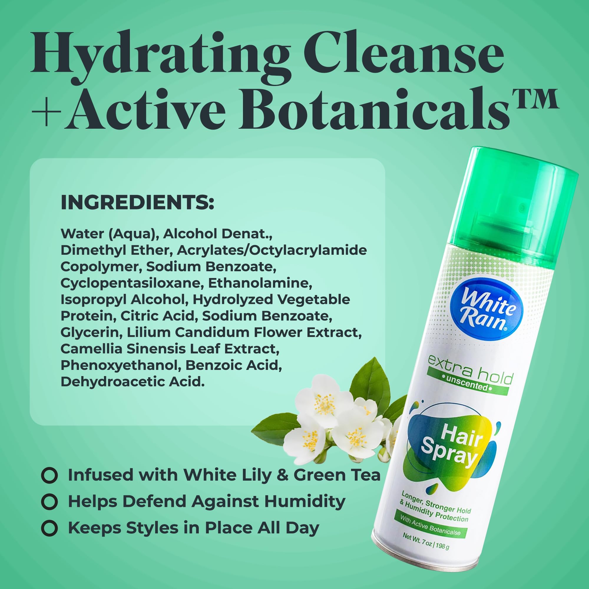 White Rain Hairspray unscented bottle showcasing humidity resistance.