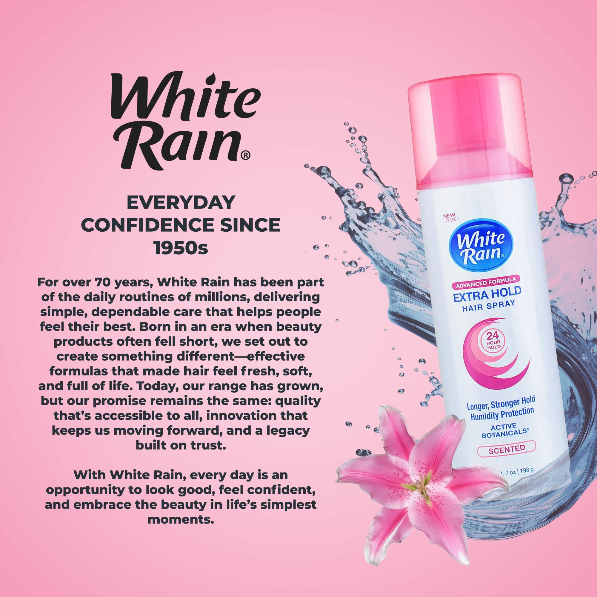 White Rain hairspray applied to hair showing humidity protection and frizz control.