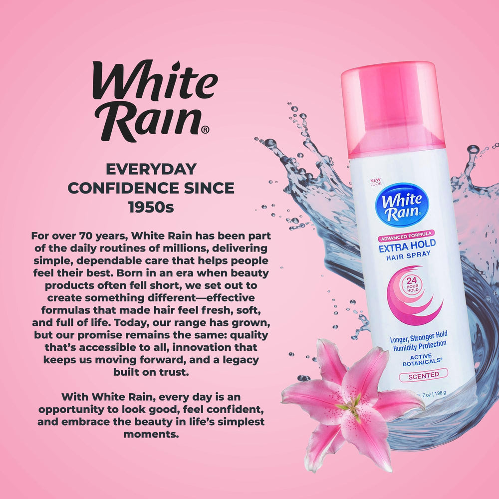 White Rain hairspray applied to hair showing humidity protection and frizz control.