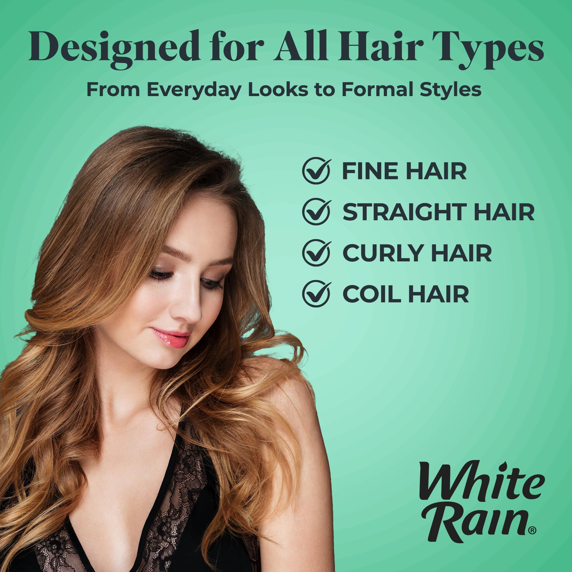 White Rain Hairspray bottle featuring a non-aerosol pump for control.