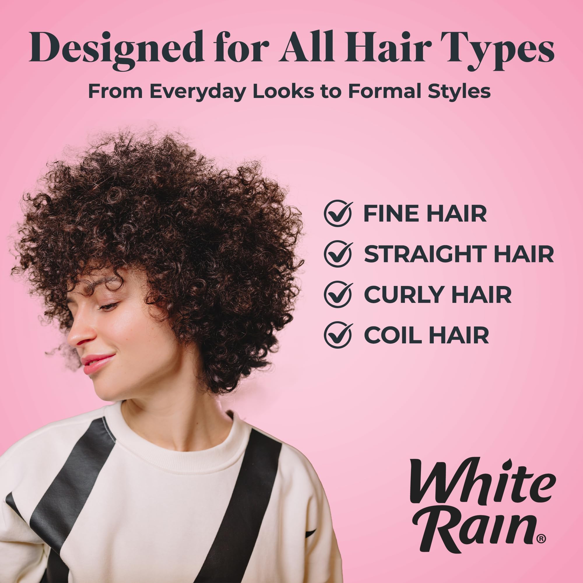 White Rain hairspray in use by a woman for secure hold on styled hair.