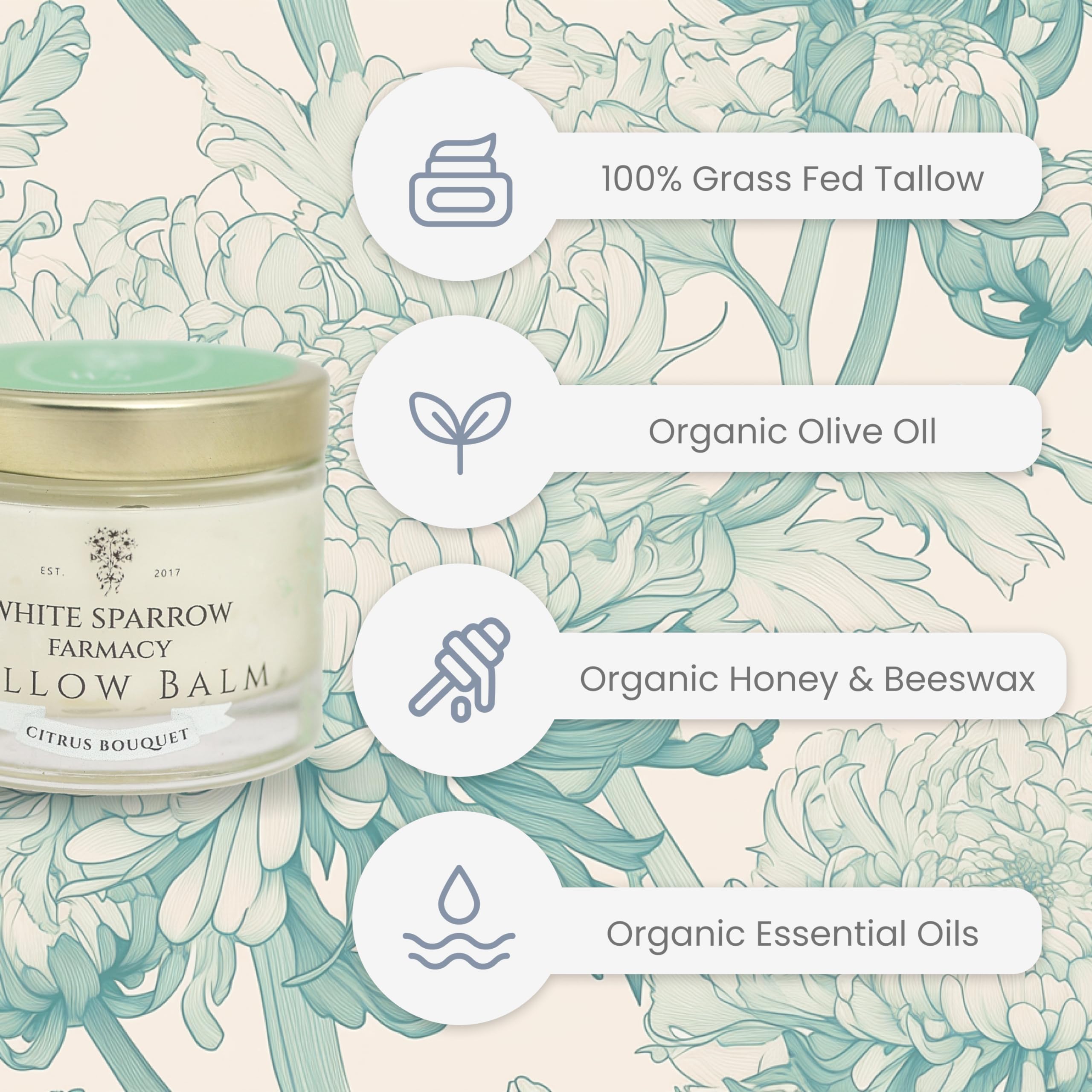White Sparrow Farmacy ingredient panel highlights tallow and soothing oils.