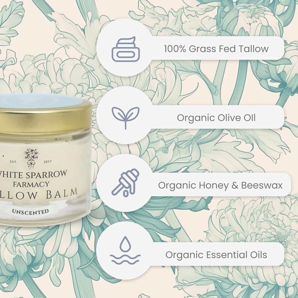 White Sparrow Farmacy organic grass-fed tallow closeup shows vitamin-rich nourishment for skin