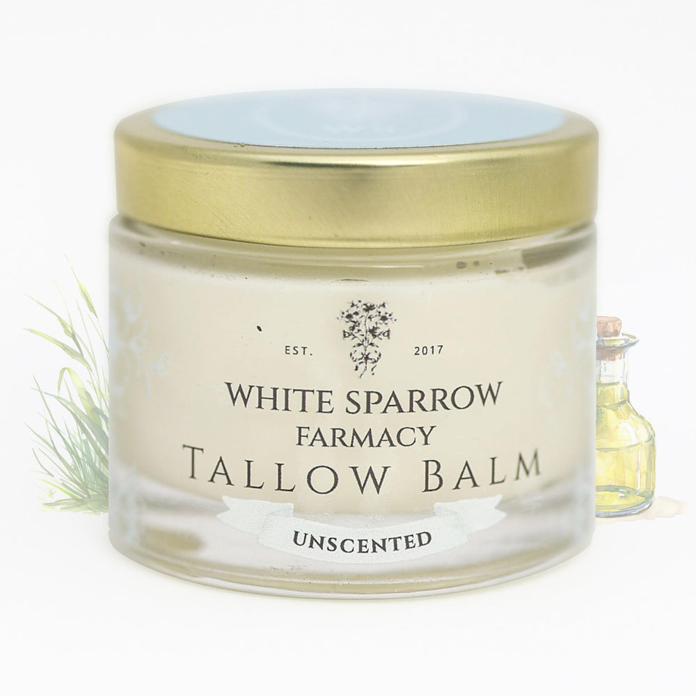White Sparrow Farmacy tallow balm 2 oz jar for face and body, ideal daily hydration