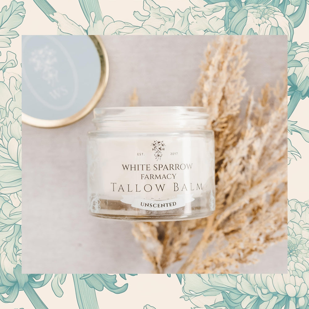 White Sparrow Farmacy 2 oz tallow balm travels well for on-the-go care