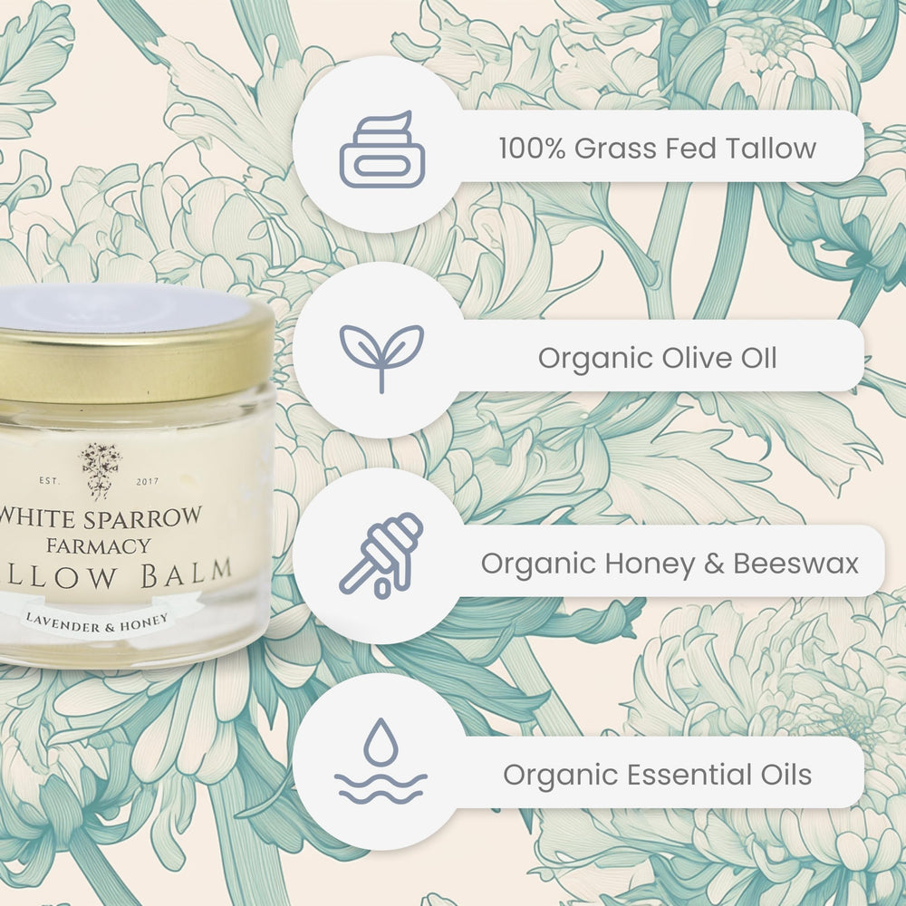Hands applying White Sparrow Farmacy tallow balm for deep moisture and scent