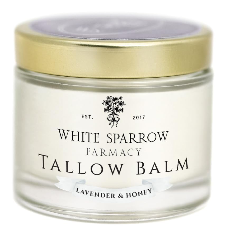 White Sparrow Farmacy Lavender and Honey Tallow Balm jar with calming aroma and soothing texture