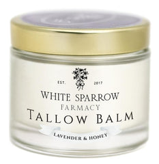 White Sparrow Farmacy Lavender and Honey Tallow Balm jar with calming aroma and soothing texture