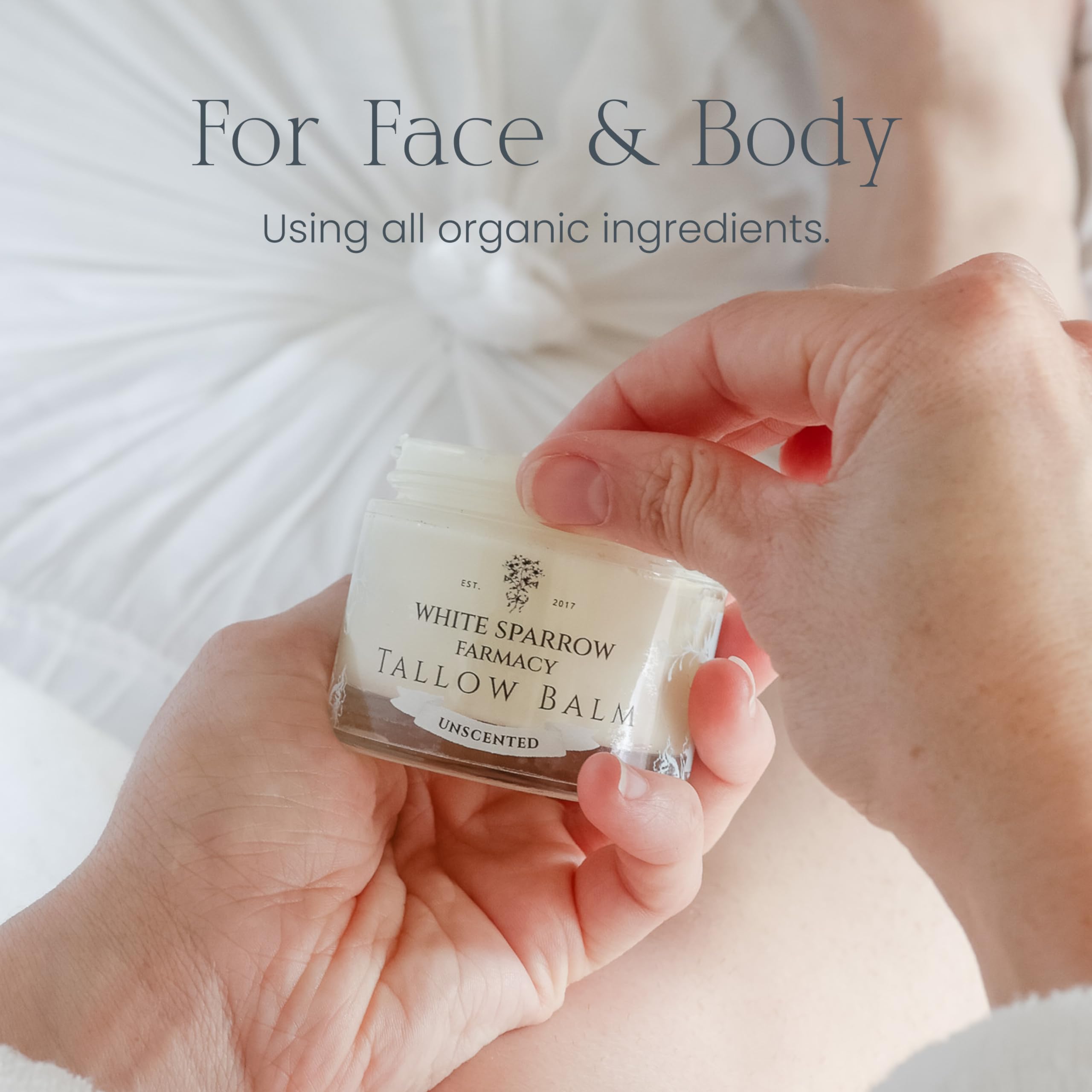 White Sparrow Farmacy unscented balm on skin, gentle for sensitive noses and daily use