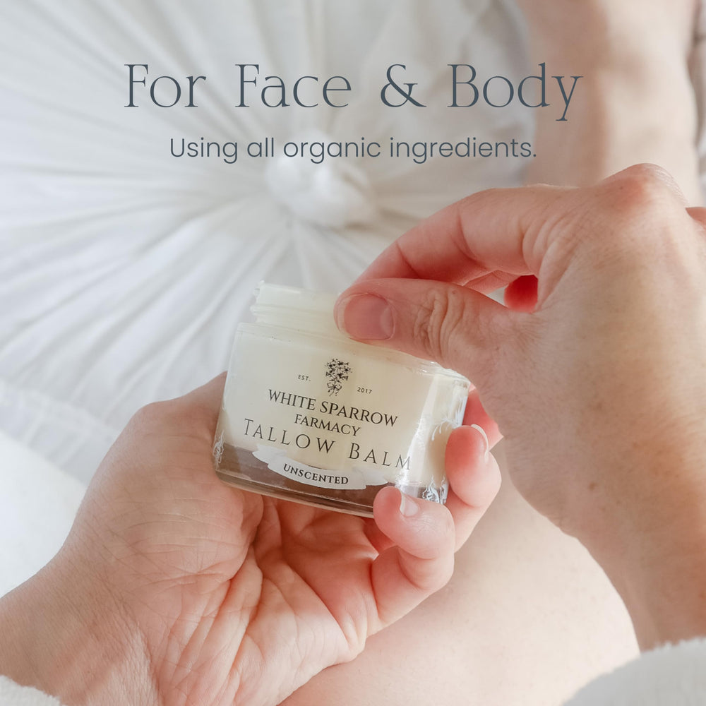 White Sparrow Farmacy unscented balm on skin, gentle for sensitive noses and daily use