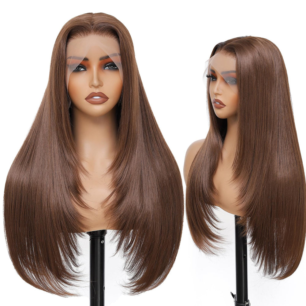 WIGAGA chocolate brown 13x4 lace-front wig with seamless, invisible hairline for natural beauty.