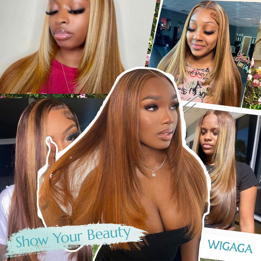 WIGAGA Honey Blonde hand-tied 13x4 lace area for flexible parting.