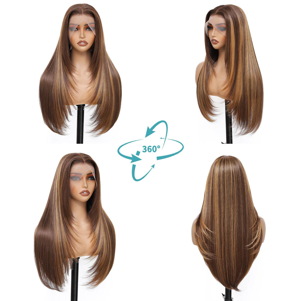 WIGAGA Honey Blonde sunkissed highlights on straight wig for versatile styling.