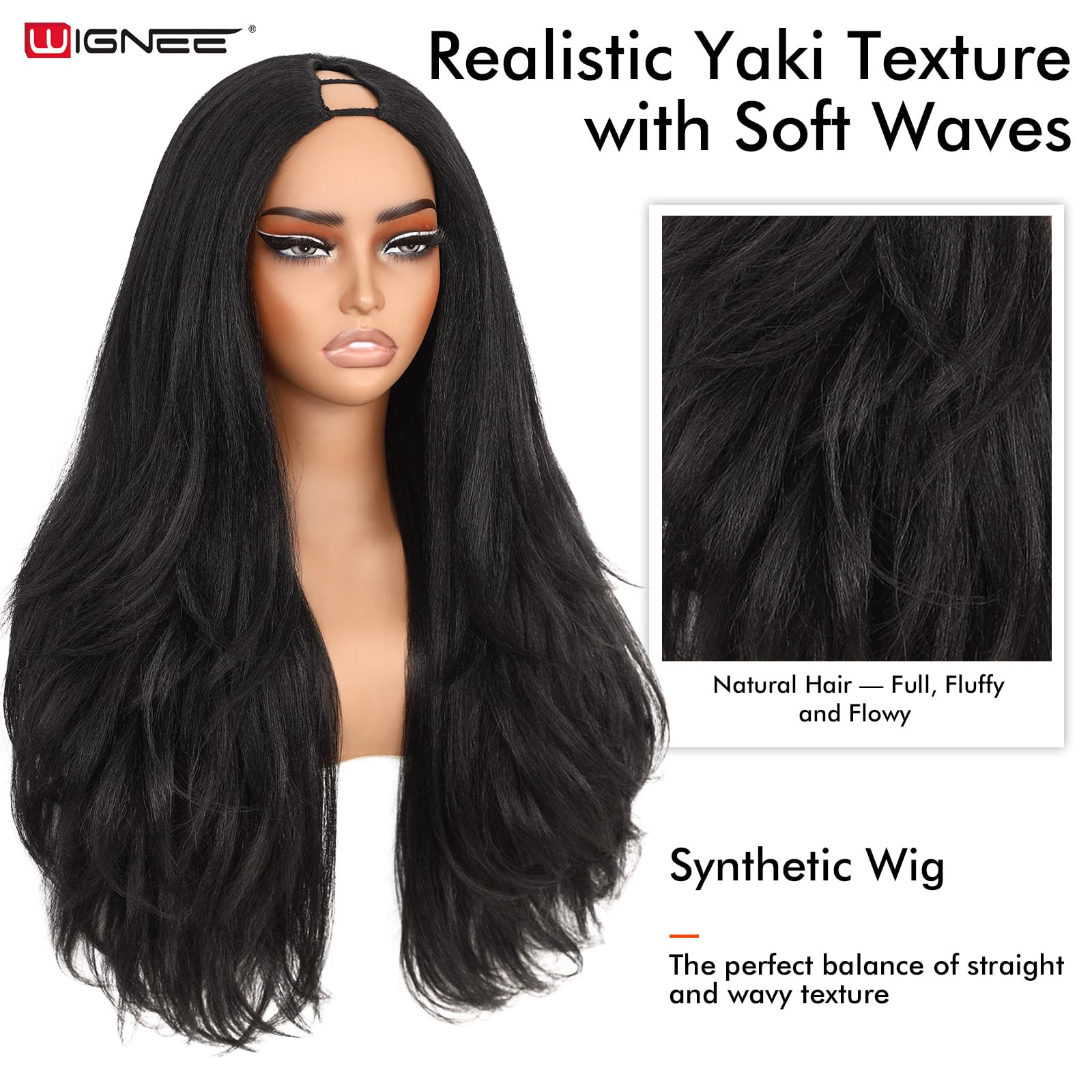WIGNEE 26in Wavy Yaki U Part Wig model back shows full length