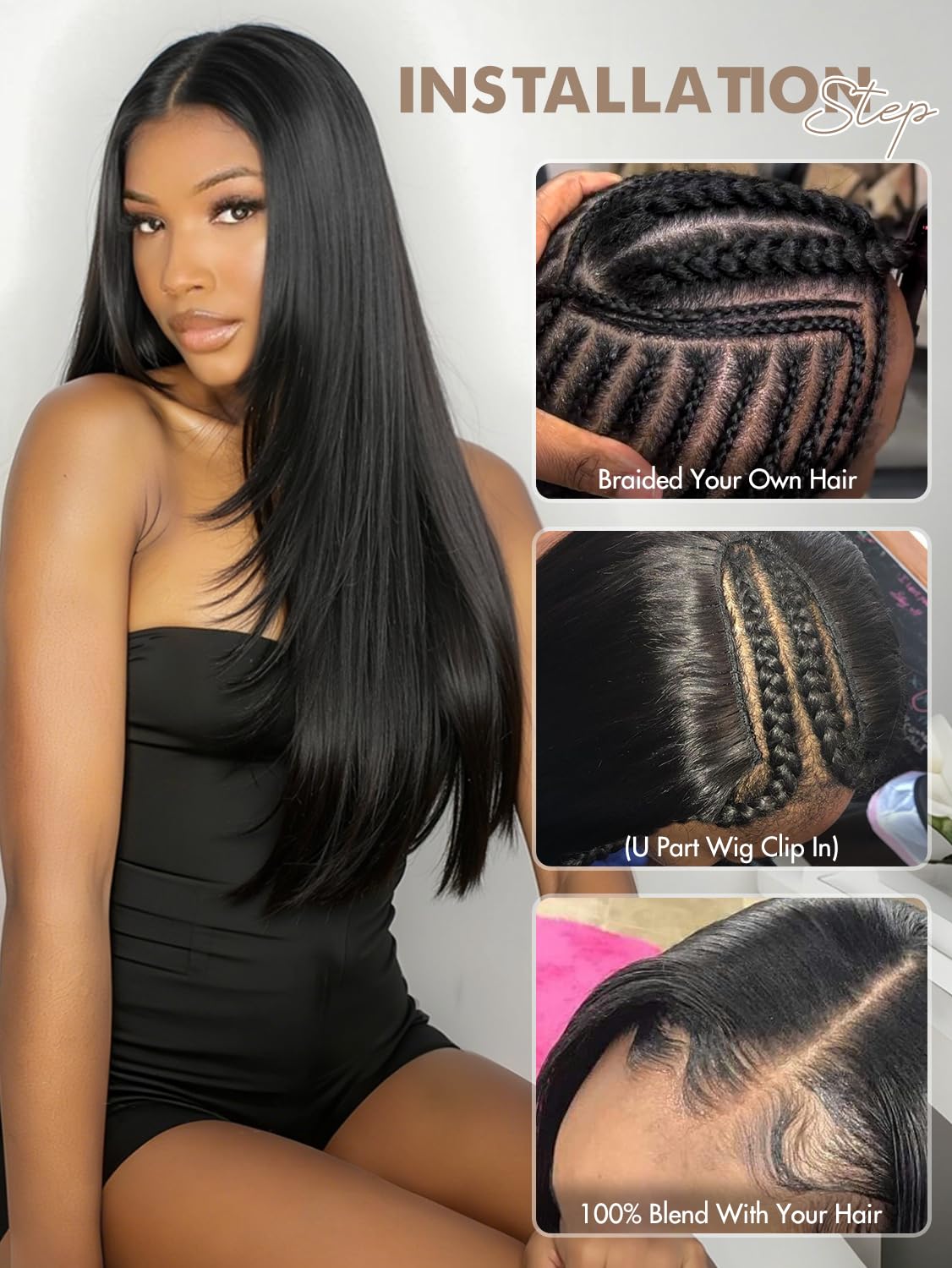 WIGNEE long straight U part wig breathable cap for comfort during wear.