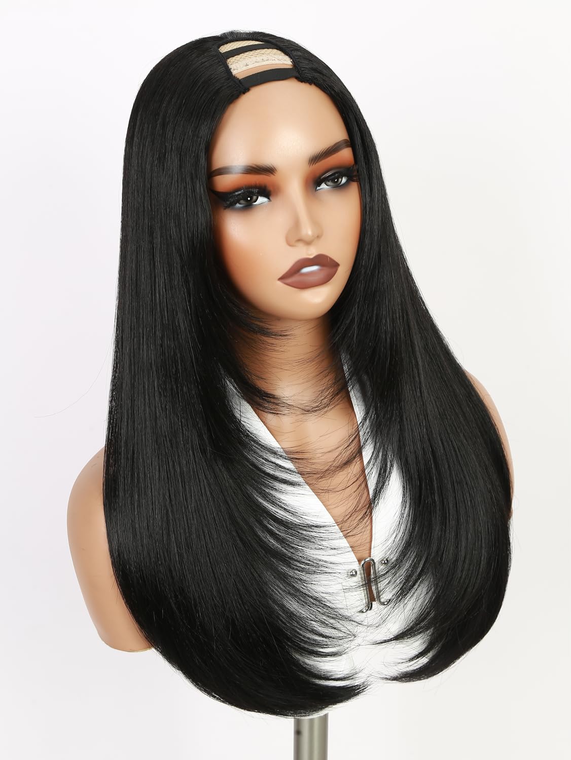 WIGNEE long straight U part wig cap construction with adjustable straps.