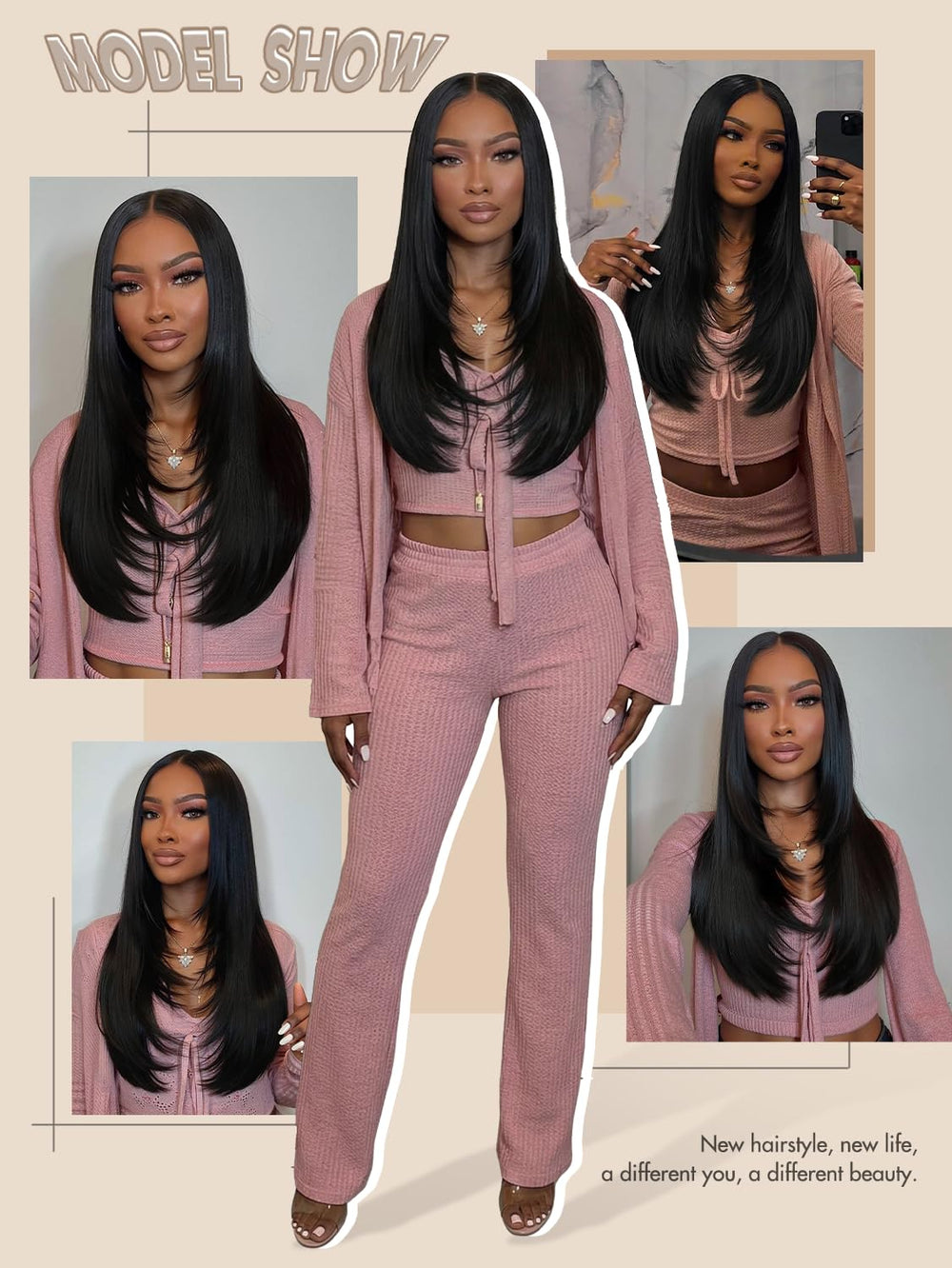 WIGNEE long straight U part wig color black for everyday wear.