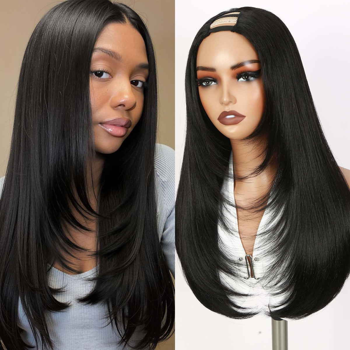 WIGNEE long straight U part wig front view showing natural hairline and breathability.