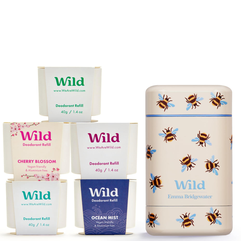 Wild bee-case deodorant bottle demonstrates a reusable design for aluminum-free freshness.