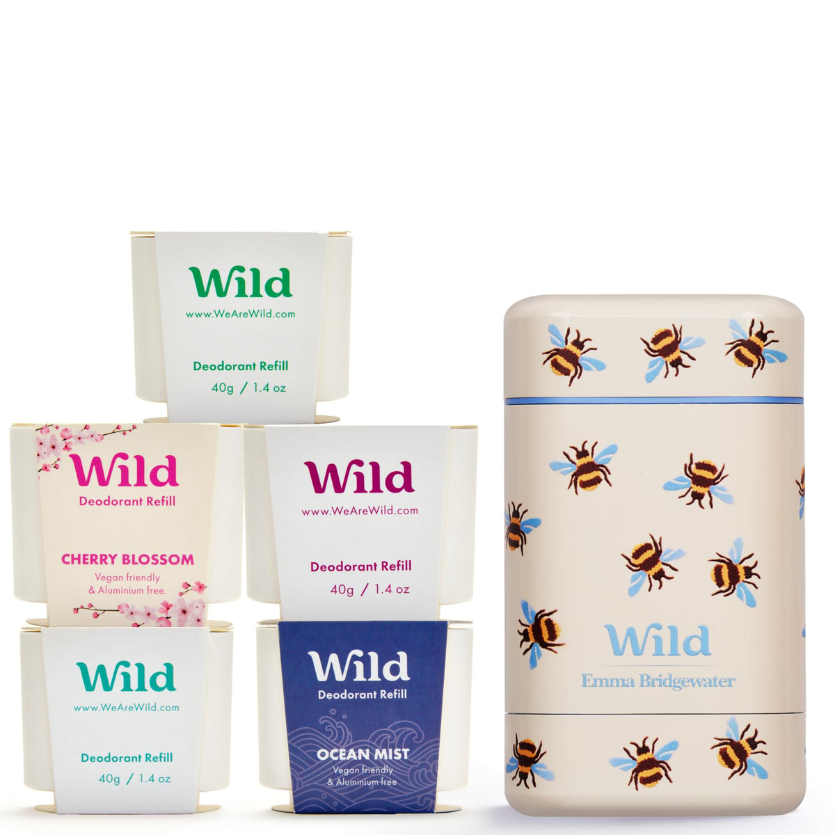 Wild bee-case deodorant bottle demonstrates a reusable design for aluminum-free freshness.