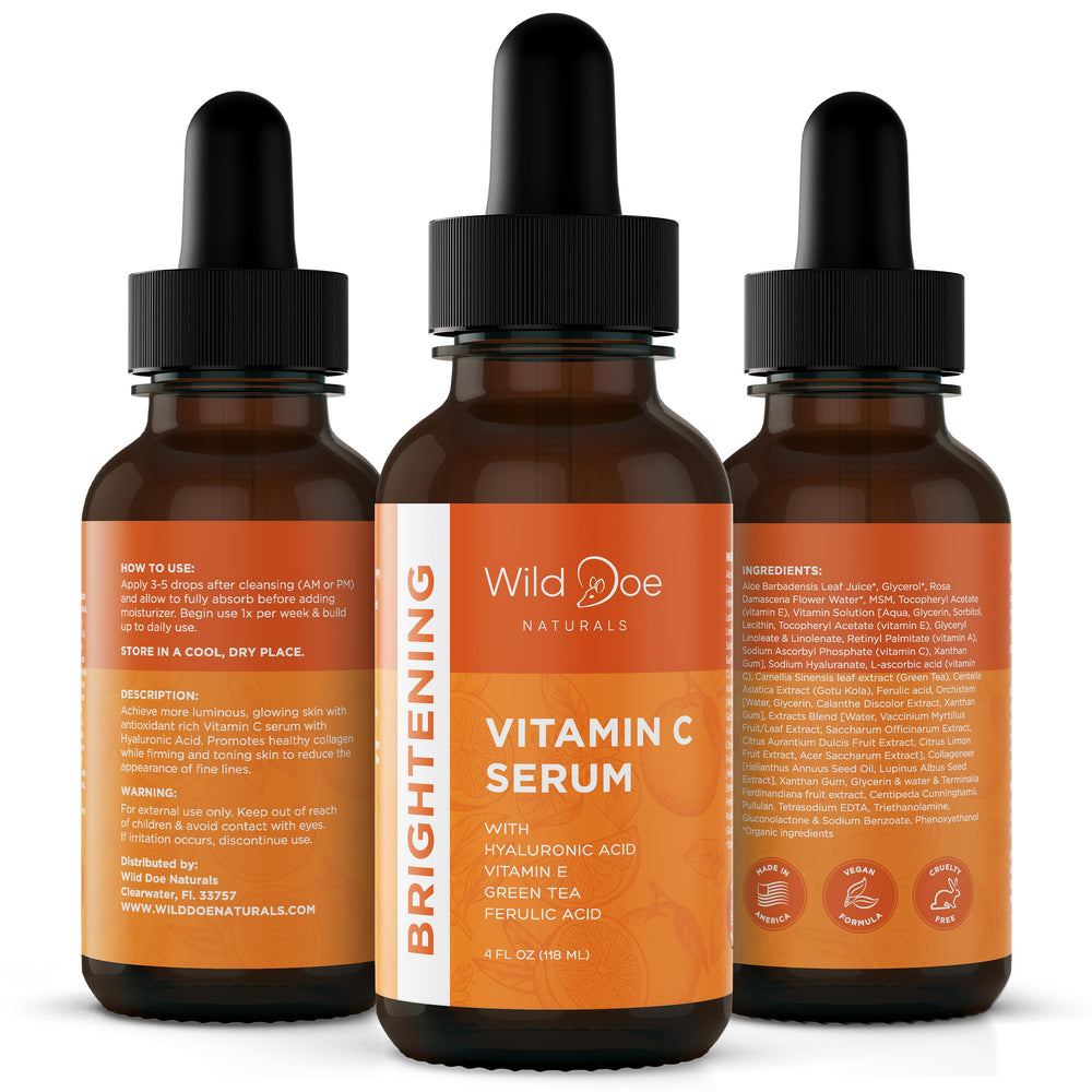 Wild Doe Naturals Vitamin C Serum night routine setup with skincare lineup.