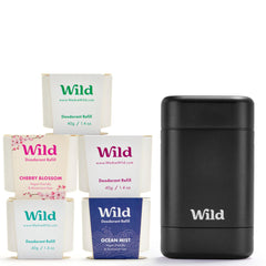Wild Full Monty starter kit in a black case for reusable, aluminum-free freshness