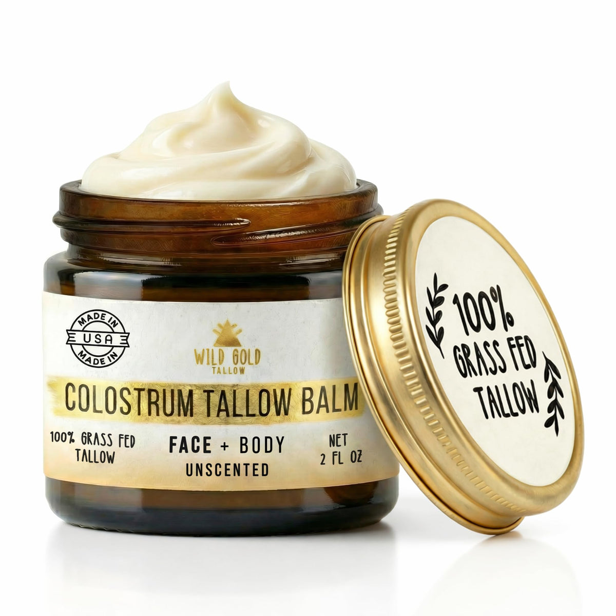 Wild Gold Tallow Balm jar close-up showing whipped texture for easy face and body hydration