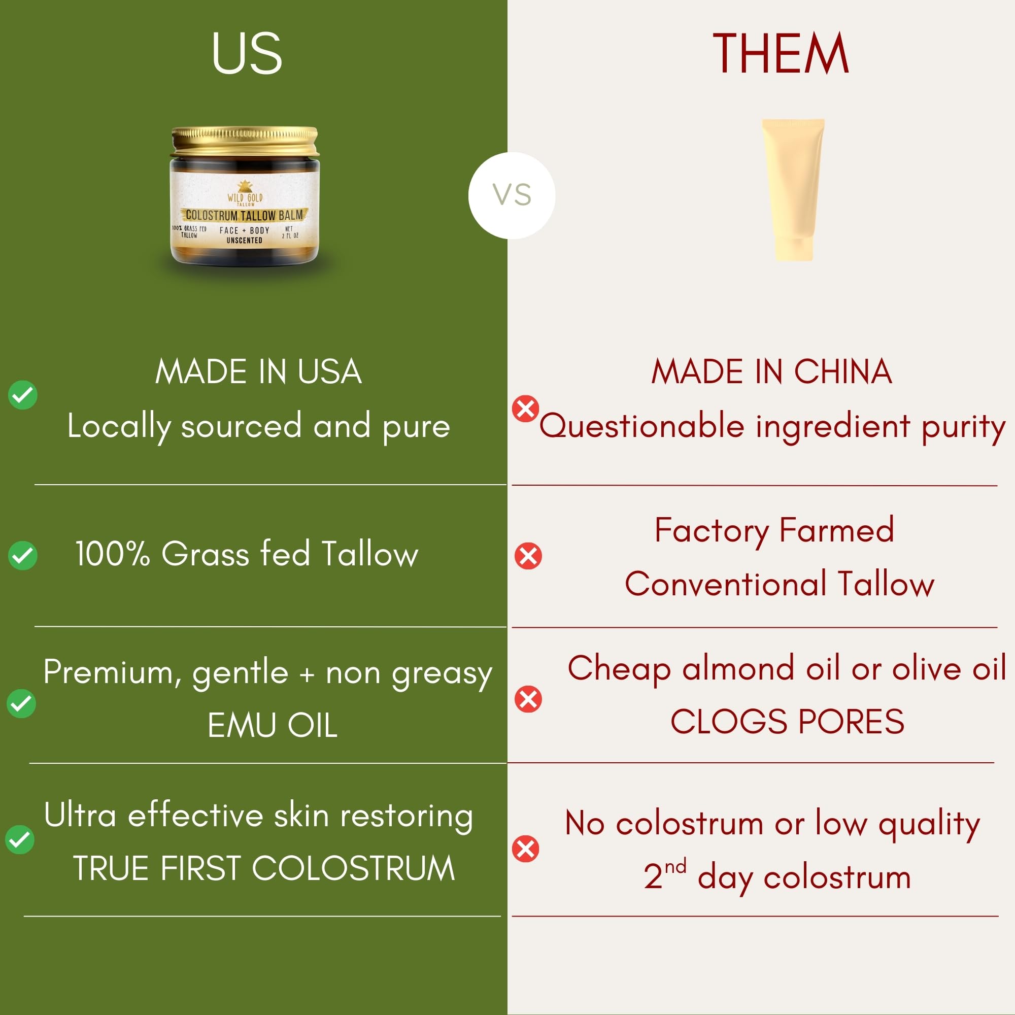 Label on Wild Gold Tallow Balm shows USA-sourced ingredients and small-batch production