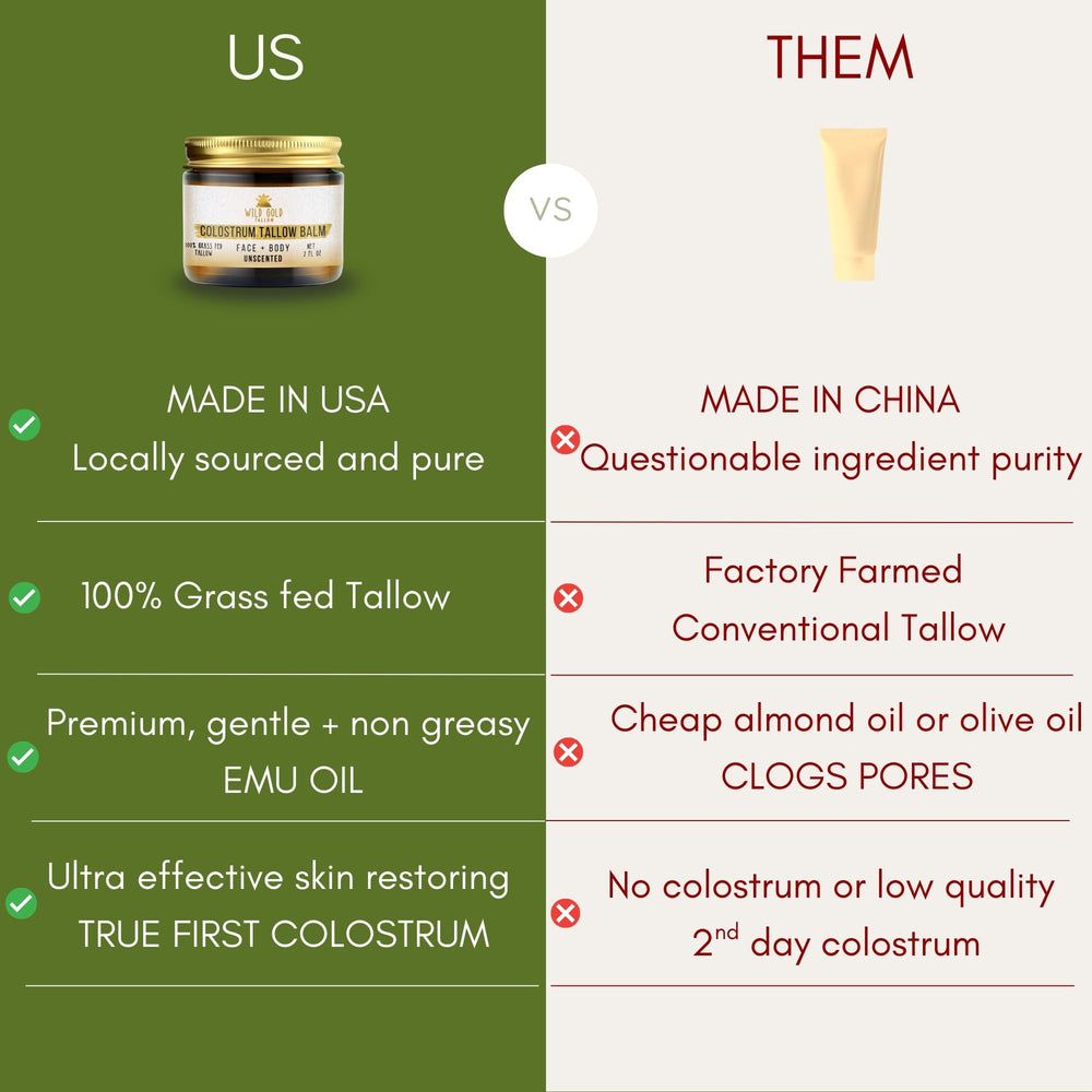 Label on Wild Gold Tallow Balm shows USA-sourced ingredients and small-batch production