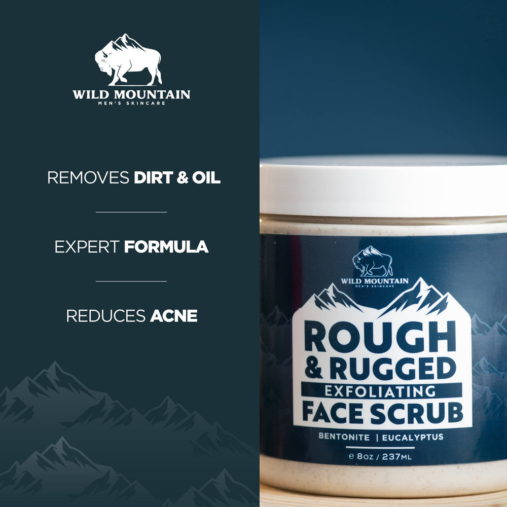 Wild Mountain Rough and Rugged Face Scrub application on hand demonstrates microdermabrasion-inspired exfoliation.