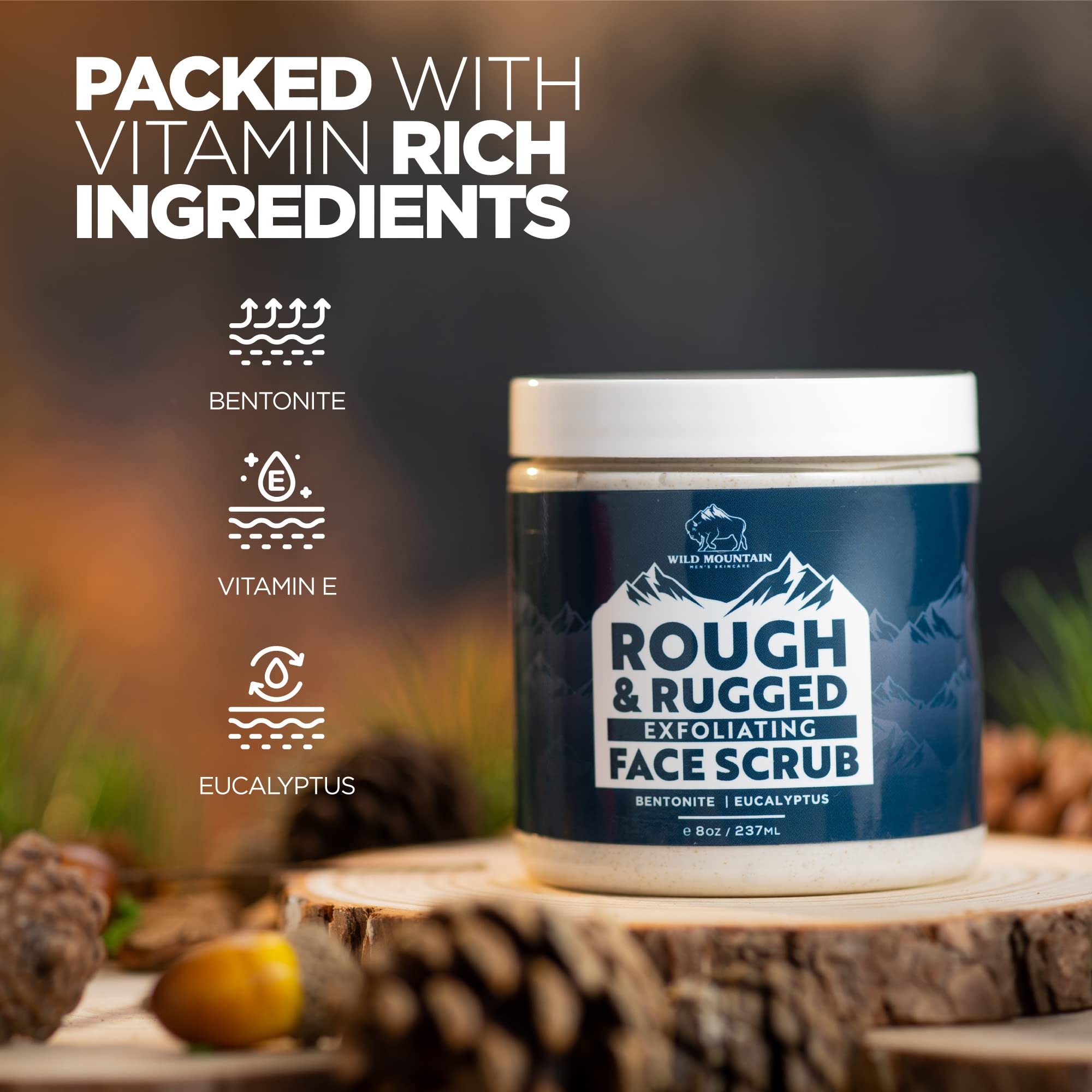 Wild Mountain Rough and Rugged Face Scrub jar closeup shows gritty texture and kaolin clay.