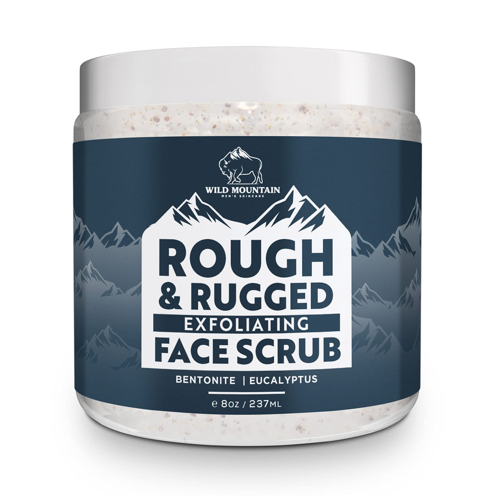 Wild Mountain Rough and Rugged Face Scrub packshot highlighting daily exfoliation for refreshed skin.